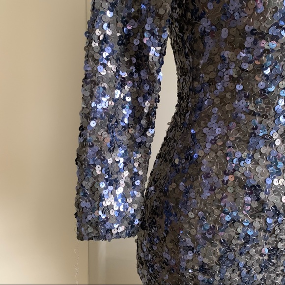 Alice + Olivia Nicky Sequin One-Shoulder Asymmetrical Dress Gray Sz 0 - Picture 6 of 16